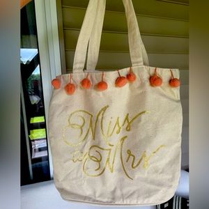 Canvas Miss to Mrs bag with pink Pom poms